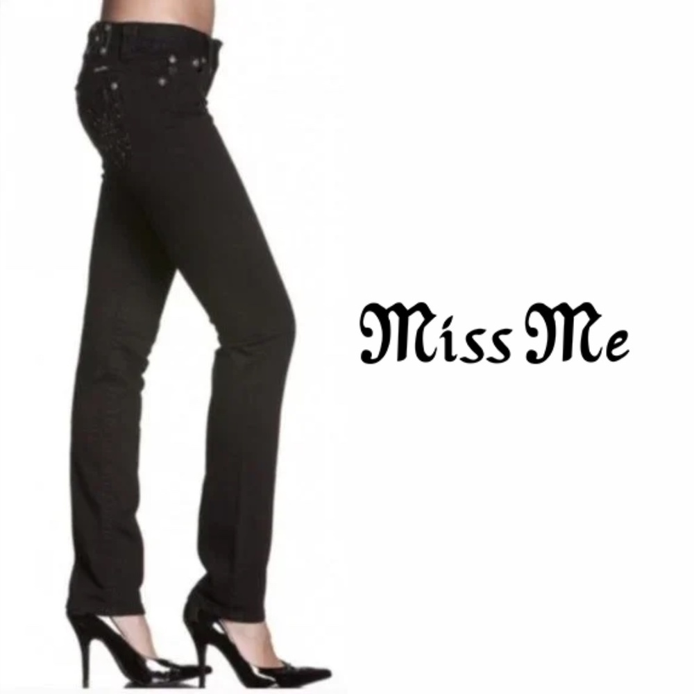 MISS ME Vintage Skinny Low Rise Embellished Bling Fleur de Lis Black Jeans‌‌‌‌